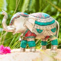 Elephant 20 cm Silver-plated brass, with turquoise and coral stones
