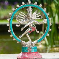 Statue Shiva Nataraj 19,5 cm Messing, versilbert mit Stein